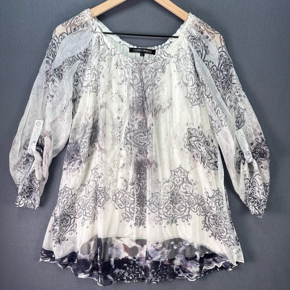 Compliments Tops - Whimsical Soft Sheer Silky Peasant‎ Blouse Floral 3/4 Sleeves Size L White Gray